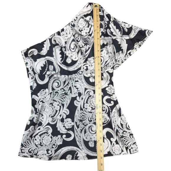 Vintage CACHE Y2K One shoulder top SILK Blouse 
Black and White Size Small - Picture 11 of 12